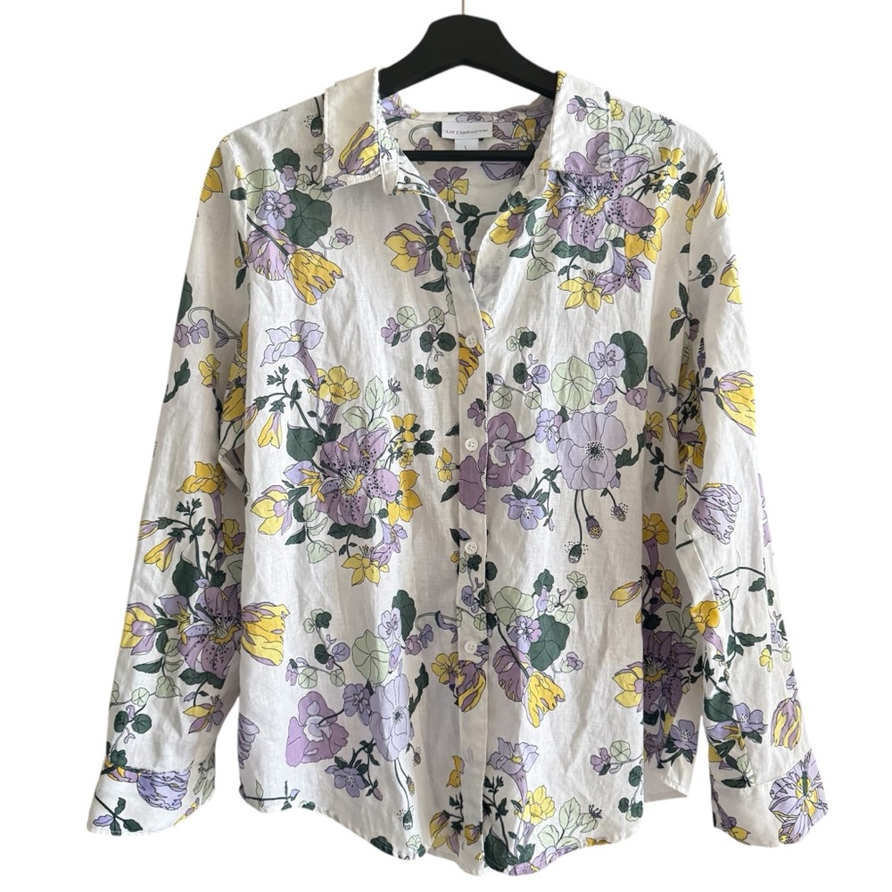 Liz Claiborne Linen Cotton Floral Button-Up Shirt White Yellow Lavender Size L